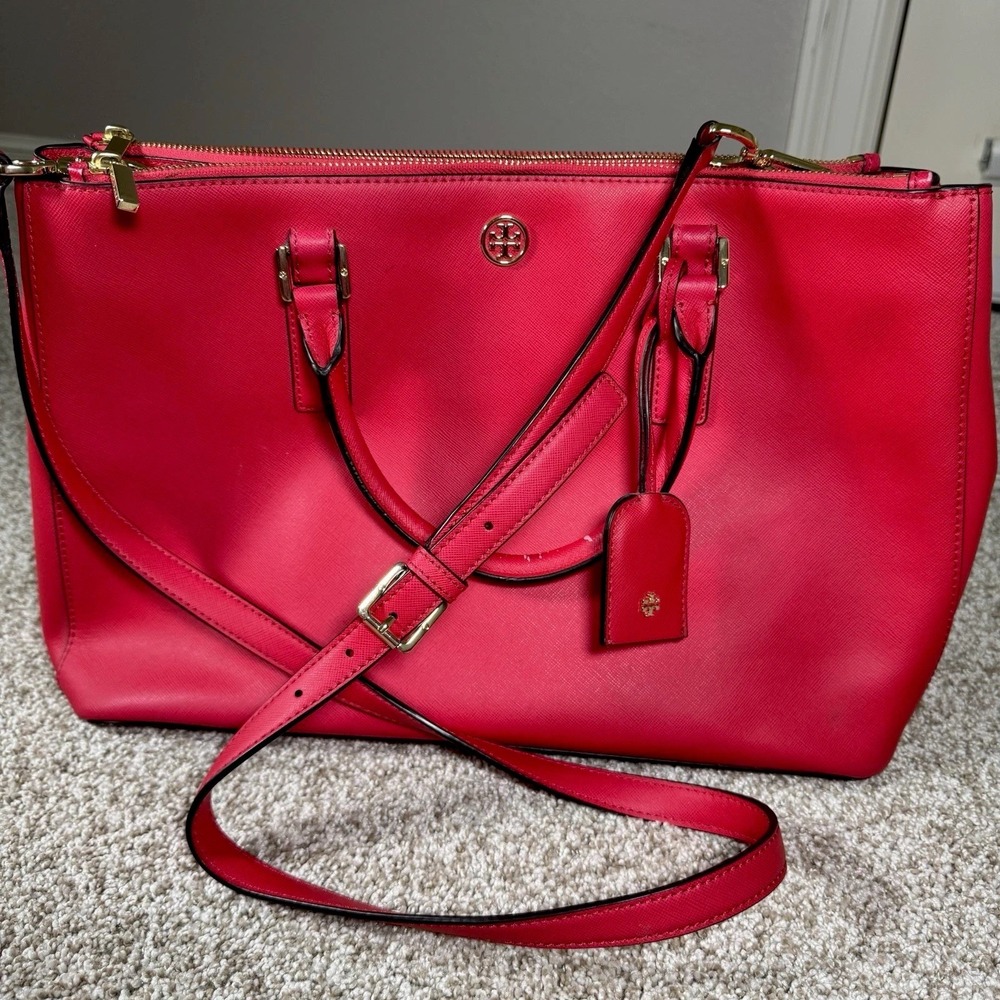Tory Burch Robinson Red Large Double Zip Tote Dog Strap Purse‎